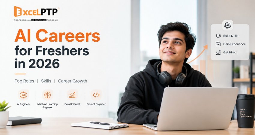 AI careers for freshers exploring artificial intelligence tools and career opportunities on a laptop.